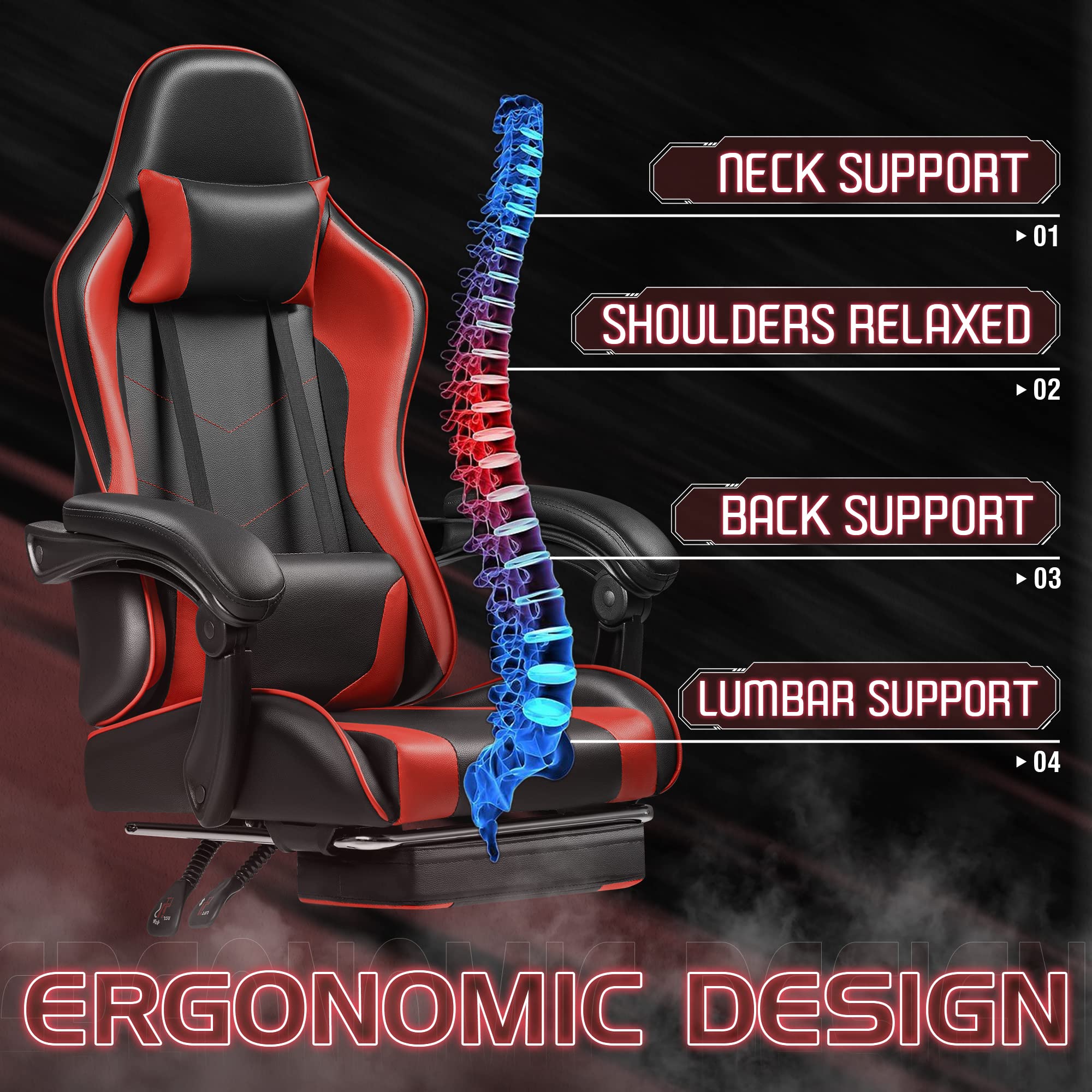 Gaming Chair, Video Game Chair with Footrest and Massage Lumbar Support, Ergonomic Computer Chair Height Adjustable with Swivel Seat and Headrest (Red)