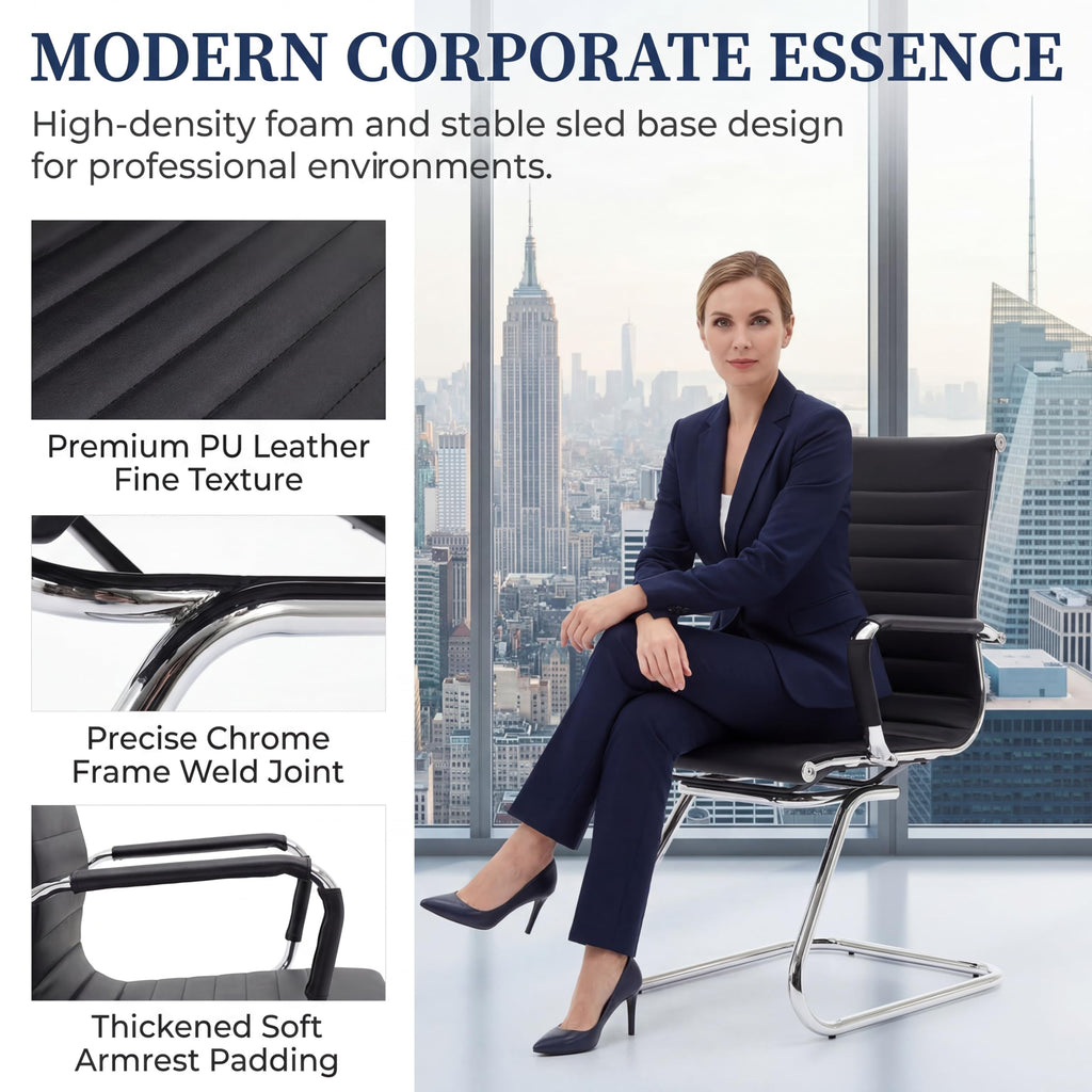 Conference Room Chairs Set of 6, Waiting Room Chairs with Arms, Faux Leather Reception Chairs No Wheels, Office Guest Chairs with Mid Back Support and Chrome Sled Base, Black