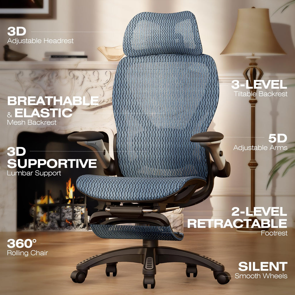 X100 Ergonomic Office Chair with Footrest, Big and Tall Home Desk Chair with 5D Flip-Up Arms, Adjustable 3D Lumbar Support,High Back Rolling Computer Chair, Swivel Mesh Chairs (Oaxaca Blue)
