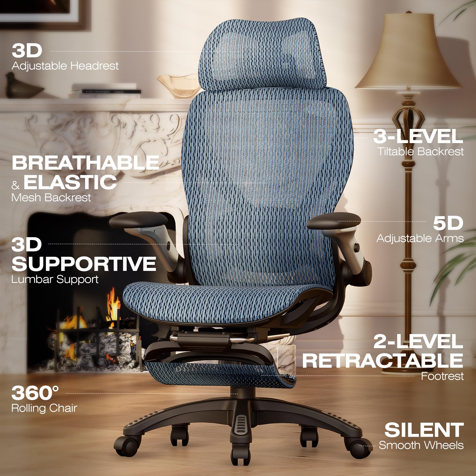 X100 Ergonomic Office Chair with Footrest, Big and Tall Home Desk Chair with 5D Flip-Up Arms, Adjustable 3D Lumbar Support,High Back Rolling Computer Chair, Swivel Mesh Chairs (Oaxaca Blue)