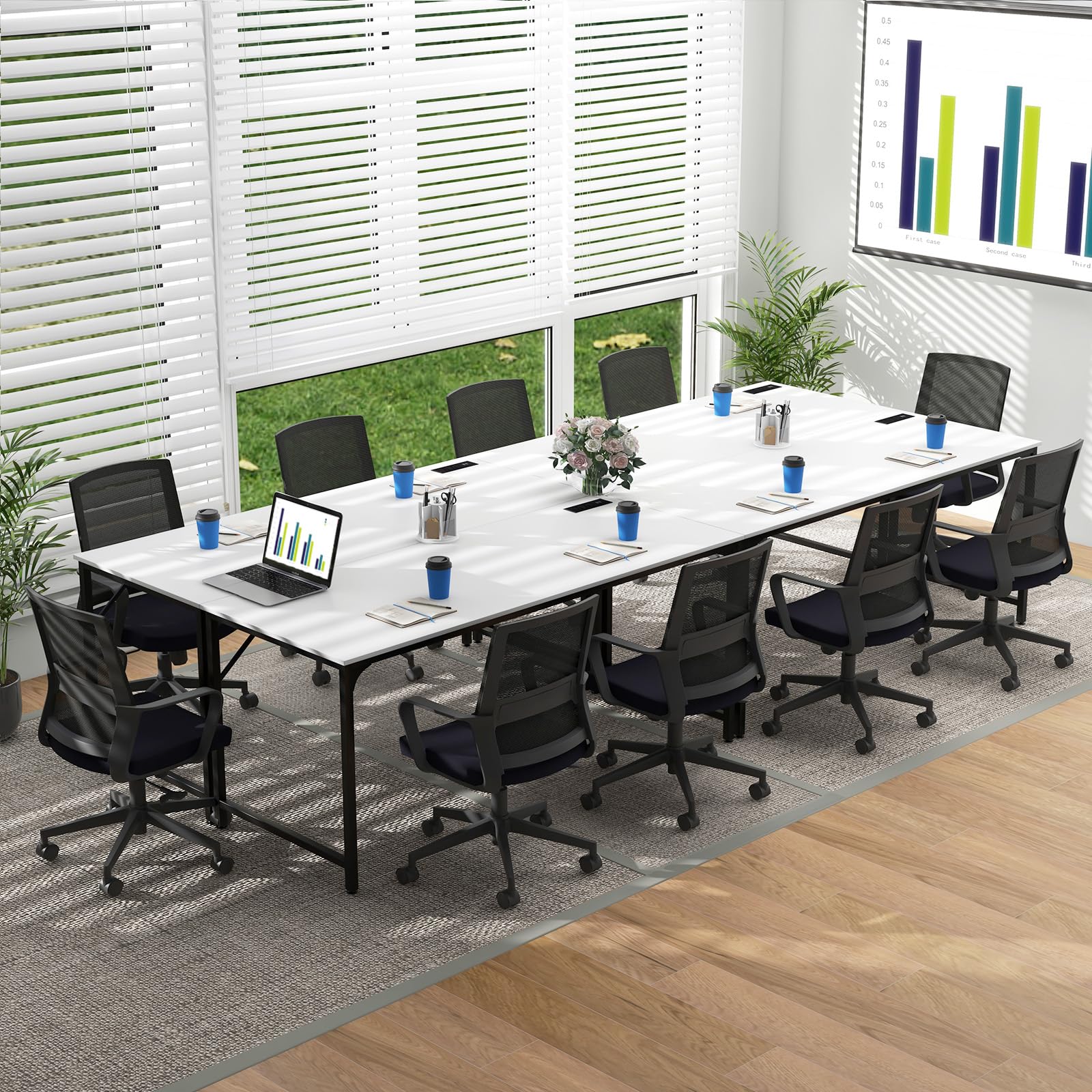 60" Conference Desk Set of 4, Modern Boardroom Desk with Storage Bag, Headphone Hook, Sturdy Metal Frame, Rectangular Seminar Table with Charging Station