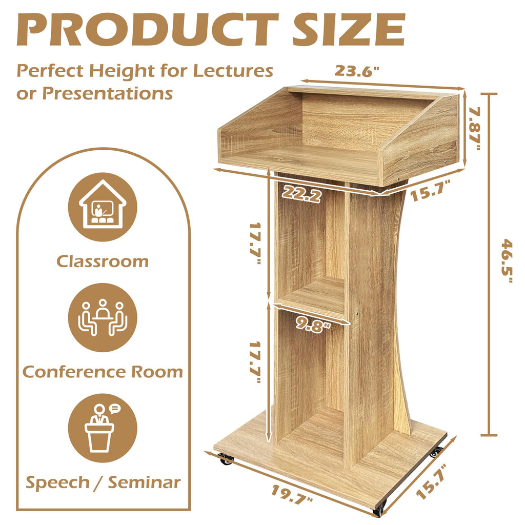 Podium Stand with Lockable Wheels,47"H Wooden Podium for Classroom, Mobile Pulpit Lectern with 3 Storage Shelves for Church, Office,Conference Room (White Oak)