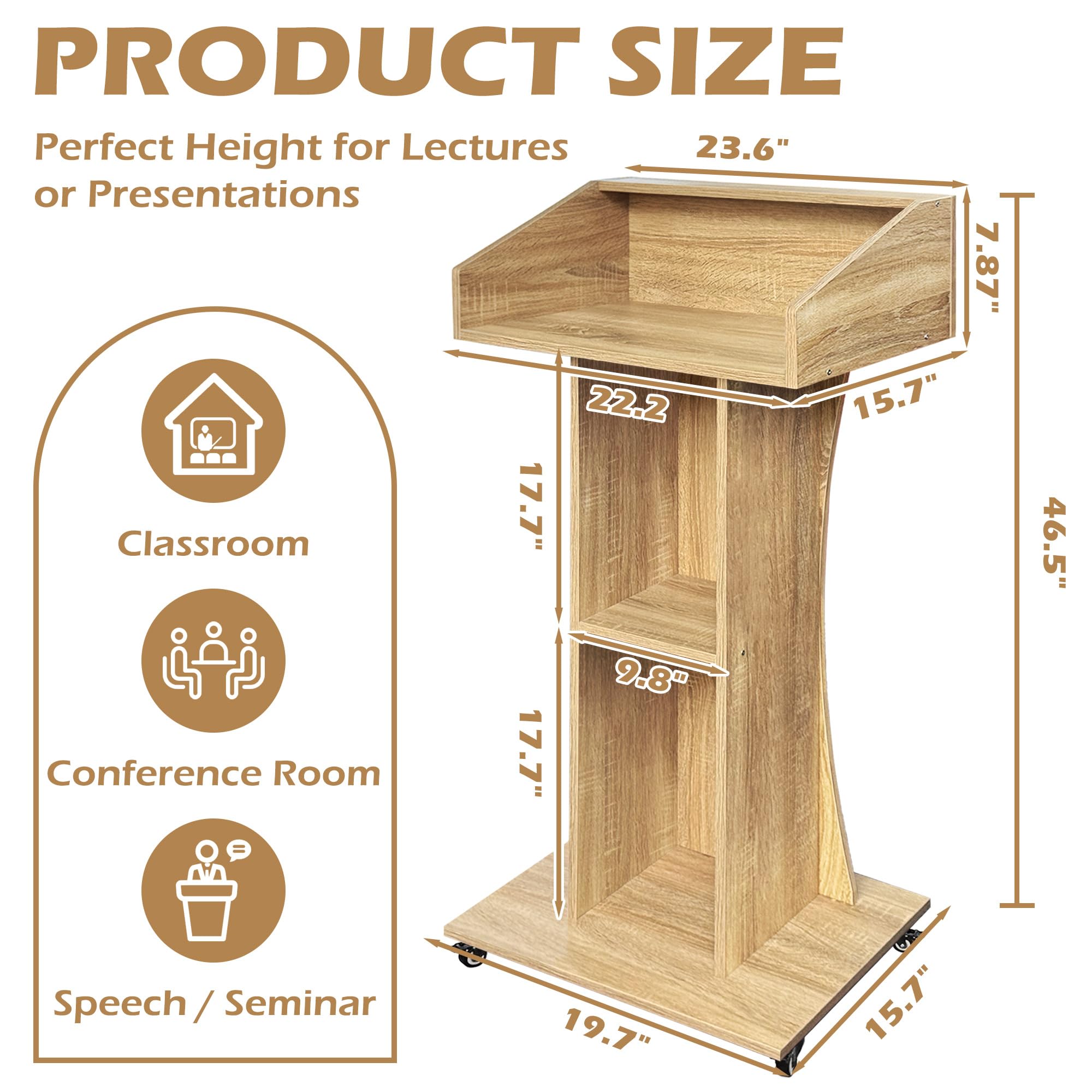 Podium Stand with Lockable Wheels,47"H Wooden Podium for Classroom, Mobile Pulpit Lectern with 3 Storage Shelves for Church, Office,Conference Room (White Oak)