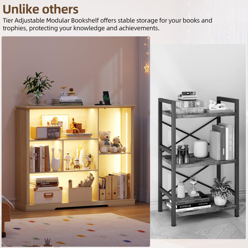Adjustable LED Bookshelf with 3 Tiers and Motion Sensor - Natural Wood