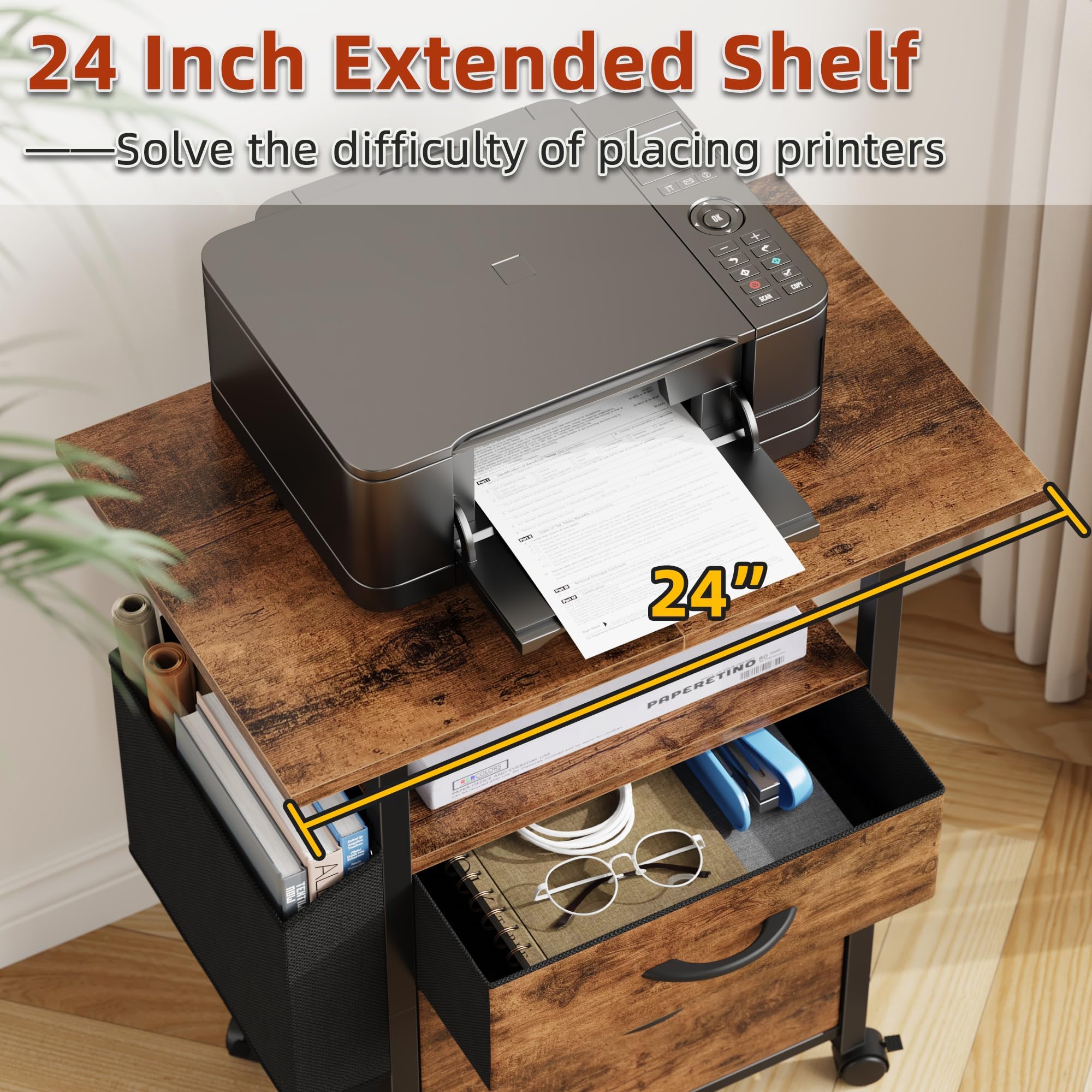 2 Drawer File Cabinet 24''W, Mobile Filing Cabinet, Printer Stand