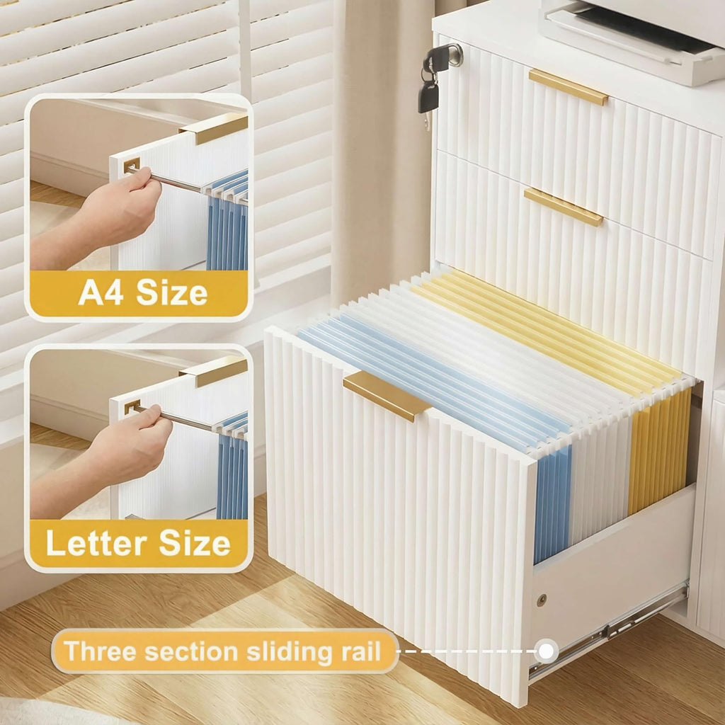 3 Drawer Fluted Mobile Filing Cabinet with Lock, Lateral Rolling Under Desk File Cabinet, Wooden Printer Stand Table for Home Office Essentials Storage Organization Furniture Letters/A4(White)