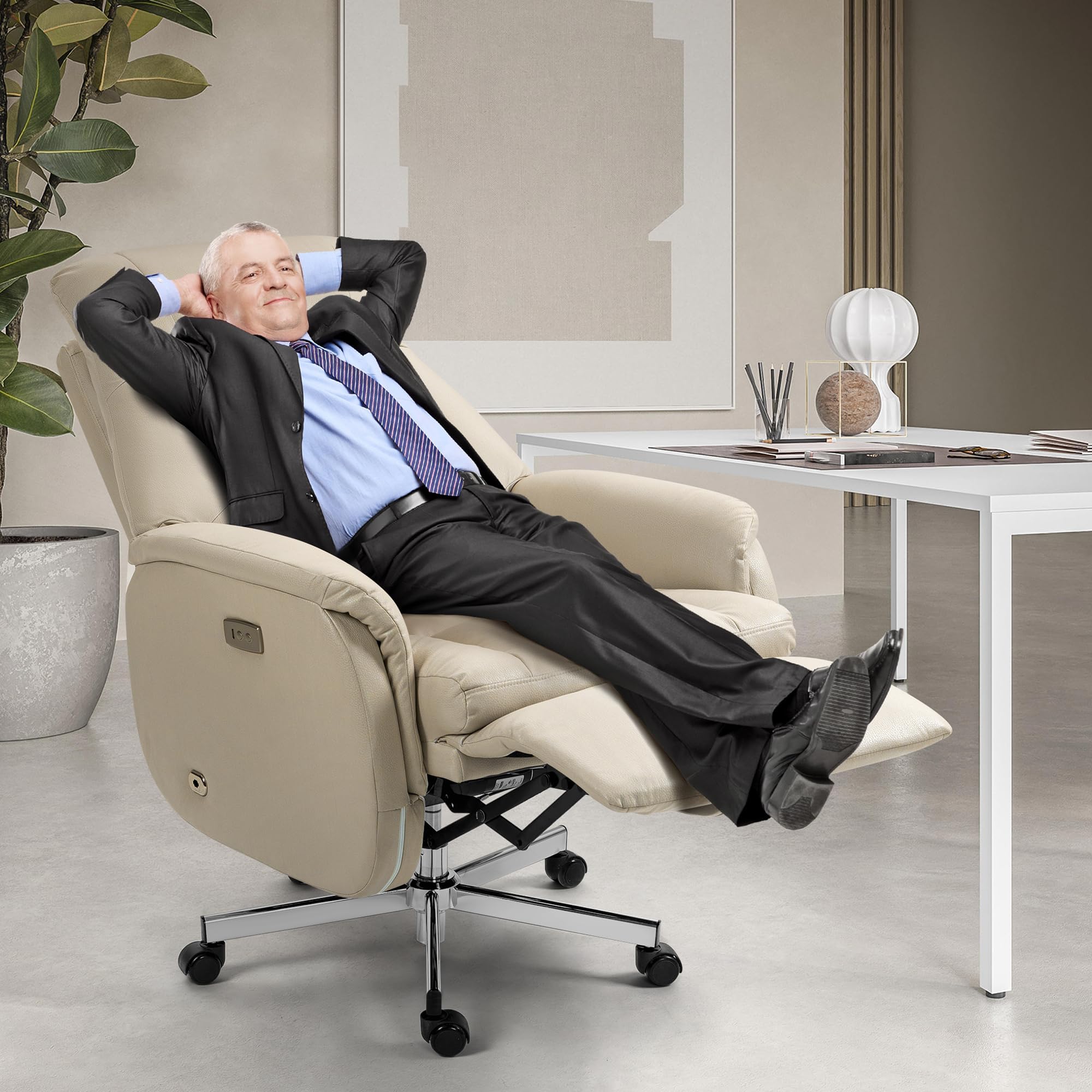 Electric Office Chair with USB Charging, Recliner Executive Office Chair with Footrest, Big and Tall High-Back Desk Chair, 400LBS Weight Capacity, Microfiber, Beige