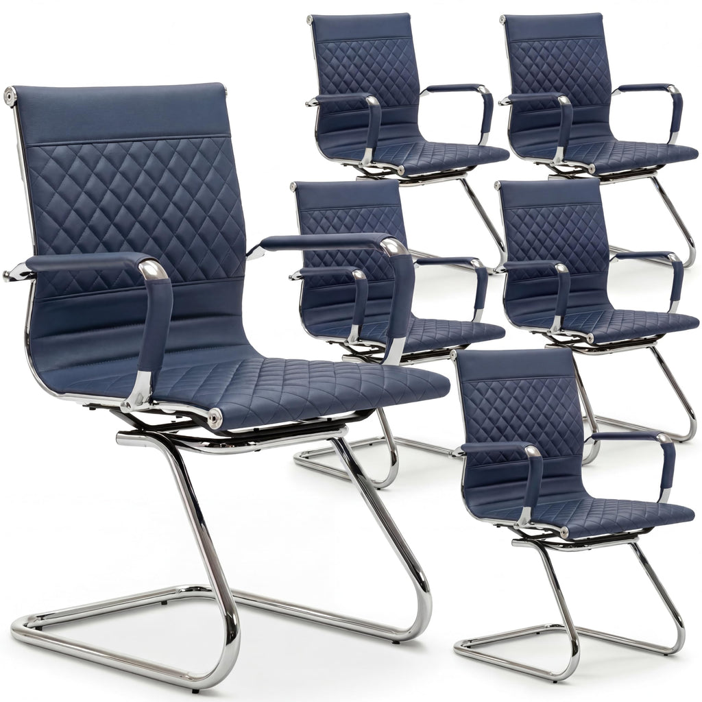 Office Desk Chair No Wheels Set of 6 - PU Leather Chairs with Arms - Conference Room Chairs 400LB Capacity Sled Base, Reception Chair for Home Office, Lobby, School Navy Blue