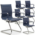 Office Desk Chair No Wheels Set of 6 - PU Leather Chairs with Arms - Conference Room Chairs 400LB Capacity Sled Base, Reception Chair for Home Office, Lobby, School Navy Blue