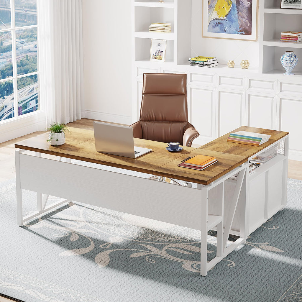 63" Executive Computer Desk and lateral File Cabinet, 2 Piece Home Office Furniture for Hanging File, Cabinet with Doors