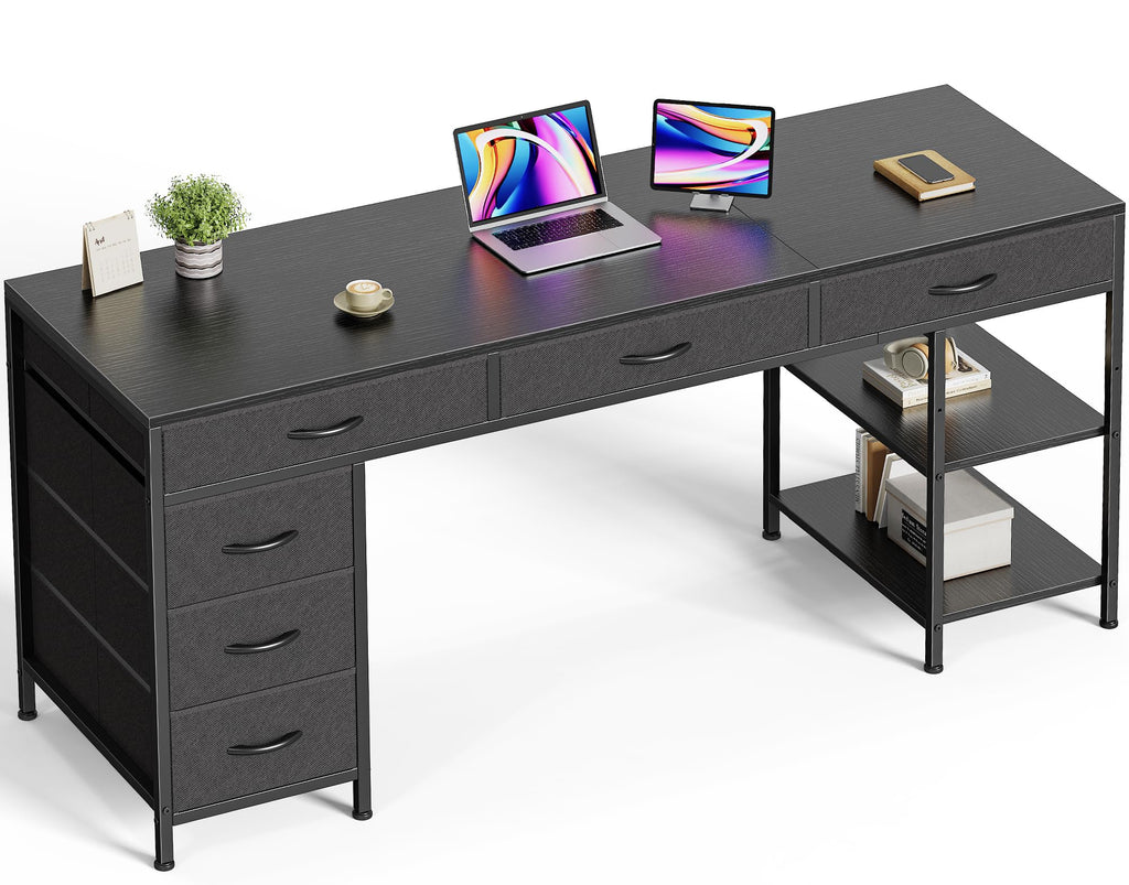 Computer Desk with 6 Drawers, Office Desk with Shelves, Reversible Gaming Desk, Corner Desk with Storage, Work for Home Office, Study, Living Room, 63inch, Black