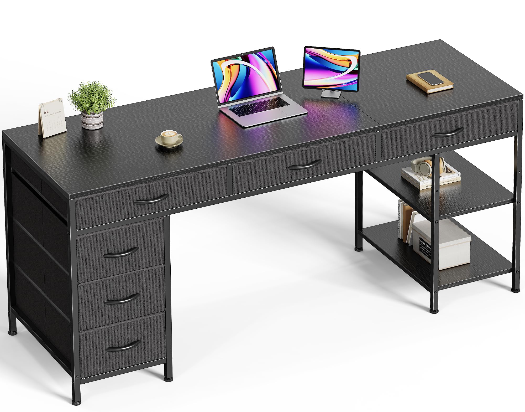 Computer Desk with 6 Drawers, Office Desk with Shelves, Reversible Gaming Desk, Corner Desk with Storage, Work for Home Office, Study, Living Room, 63inch, Black
