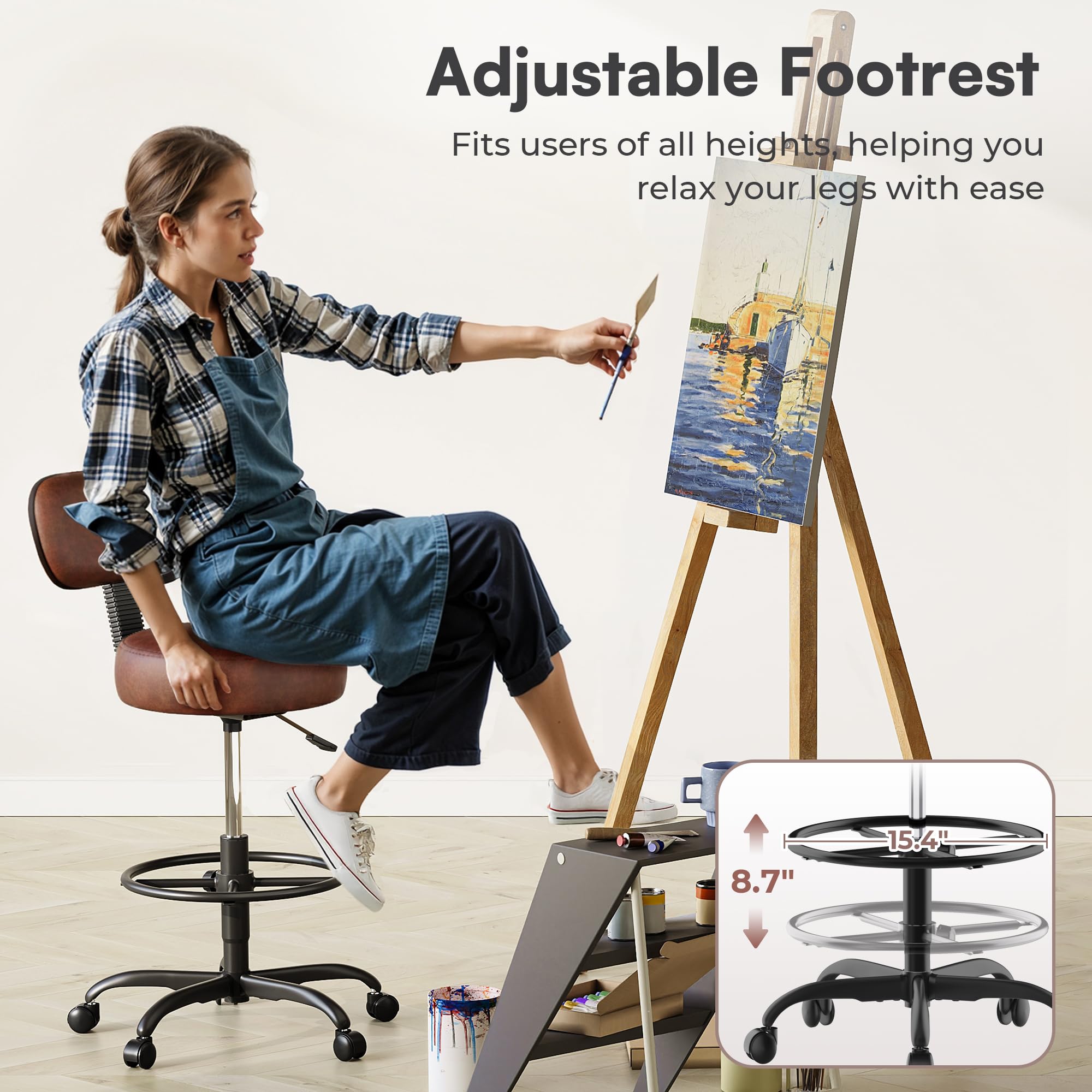 Drafting Chair with Back, Adjustable Foot Rest Rolling Stool, Multi-Purpose Office Desk Chair, Thick Seat Cushion for Home Bar Kitchen Shop - Rustic Brown