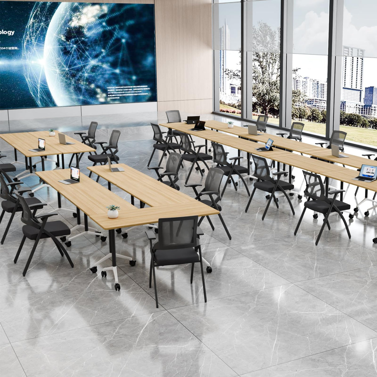 Folding Conference Table with Wheels, Flip-Top, 70.8in, 4 Pack, Maple