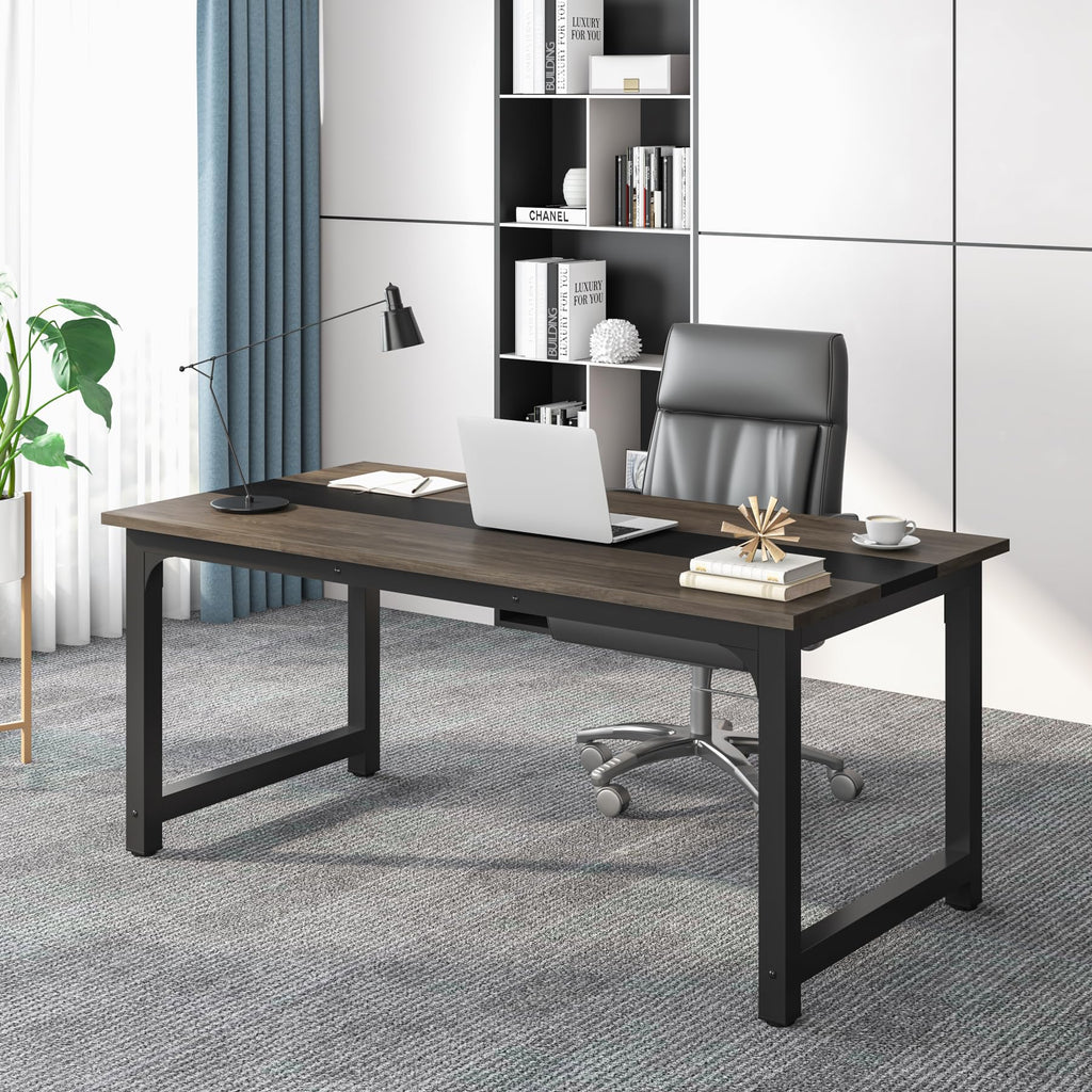 63” Executive Desk, Large Office Computer Desk with Thicken Frame, Modern Simple Workstation Business Furniture for Home Office, Vintage Grey/Black