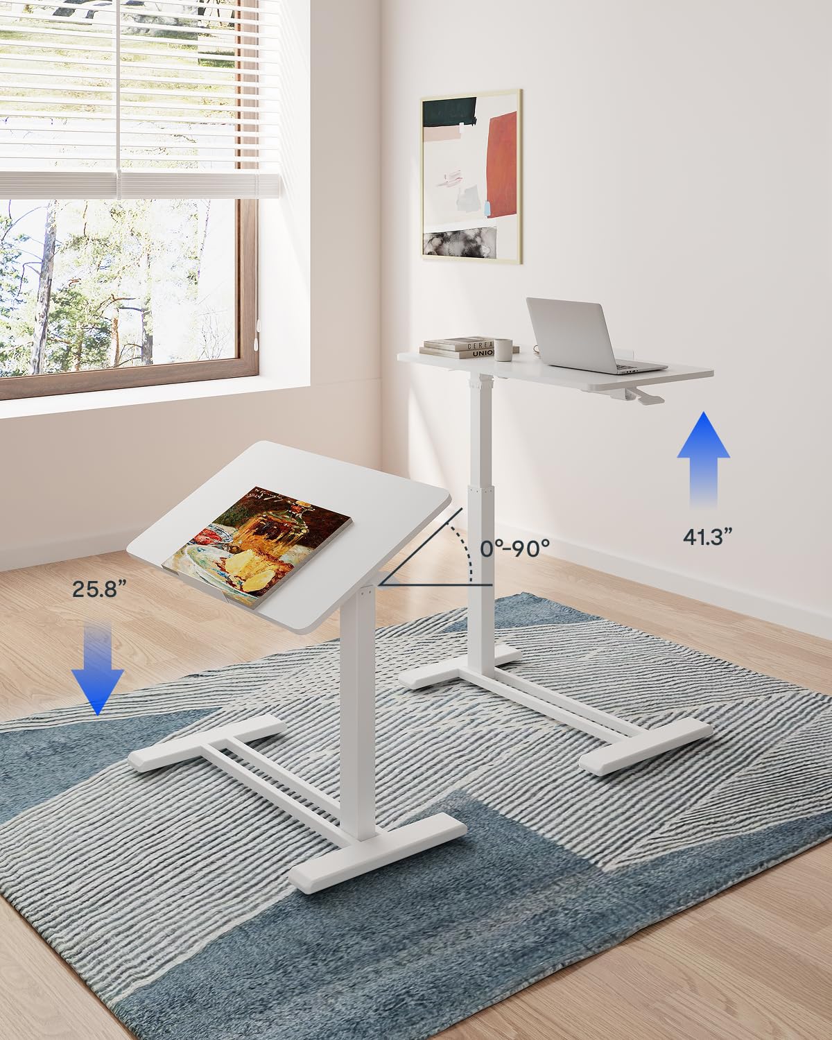 H7 PRO Mobile Standing Desk Adjustable Overbed Table Pneumatic with Wheels 90°Tiltable Portable Laptop Desk Rolling Computer Cart Foldable Bedside Table(27.6" W x 15.7" D, White)