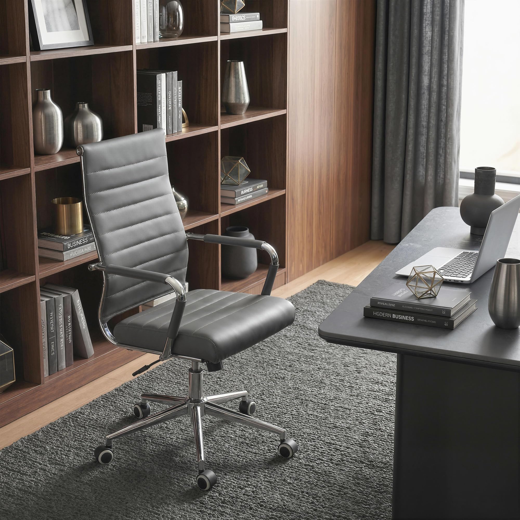 Grey Office Desk Chair, Ergonomic Leather Modern Conference Room Chairs, Executive Ribbed Height Adjustable Swivel Rolling Chair for Home Office.