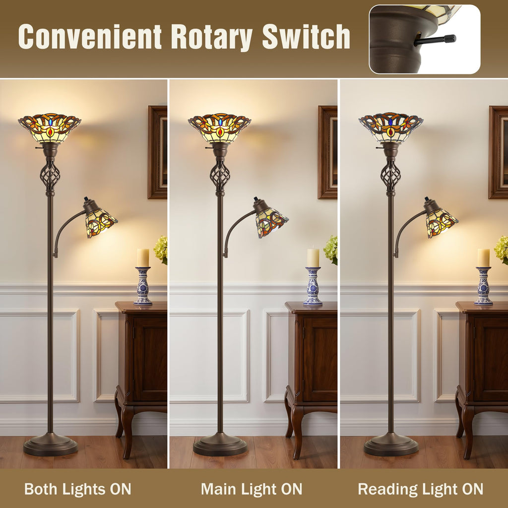 Torchiere Floor Lamp for Living Room, Tiffany-Style Reading Light