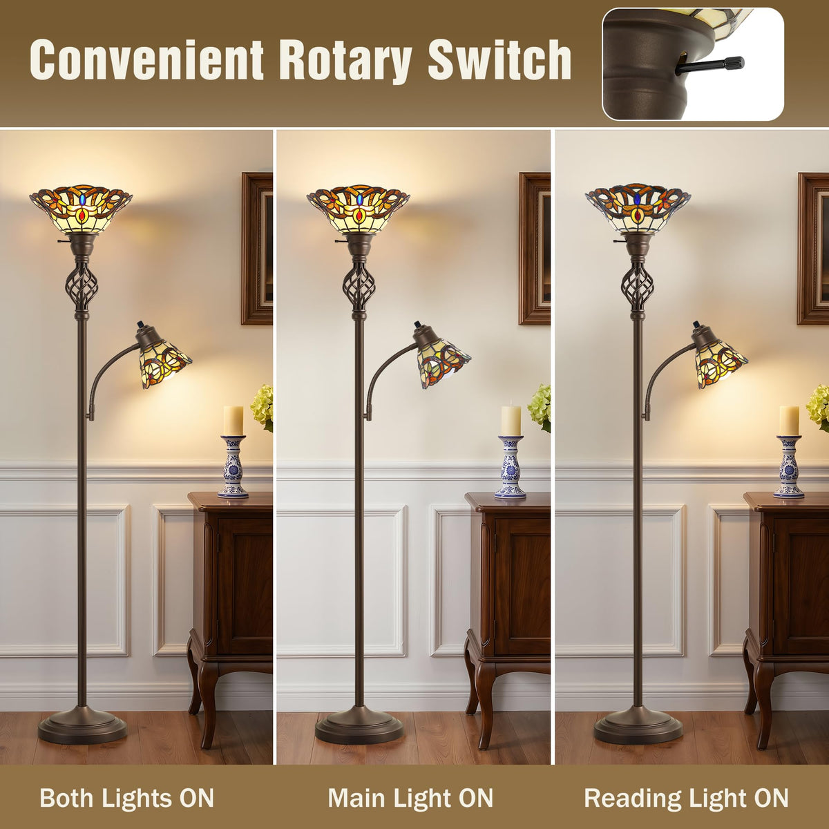 Torchiere Floor Lamp for Living Room, Tiffany-Style Reading Light