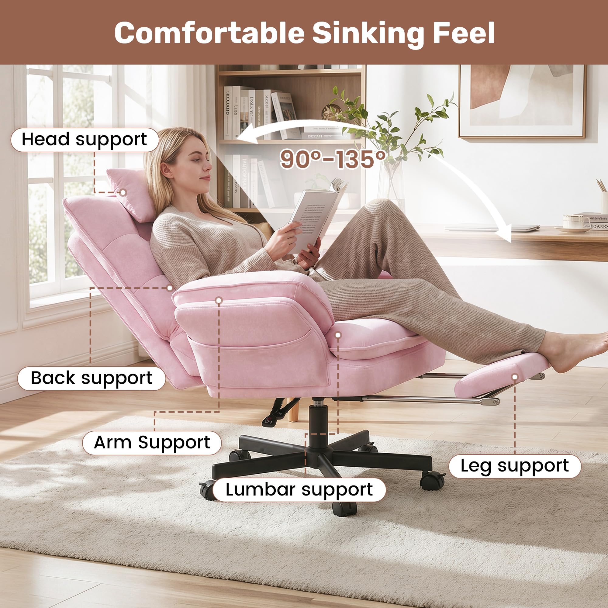 Criss Cross Office Chair with Foot Rest, Big and Tall Criss Cross Chair with Flip-Up Arms and Headrest, 135° Reclining Swivel Velvet Cross Legged Office Chair with Wheels, Cloud Chair for Home (Pink)