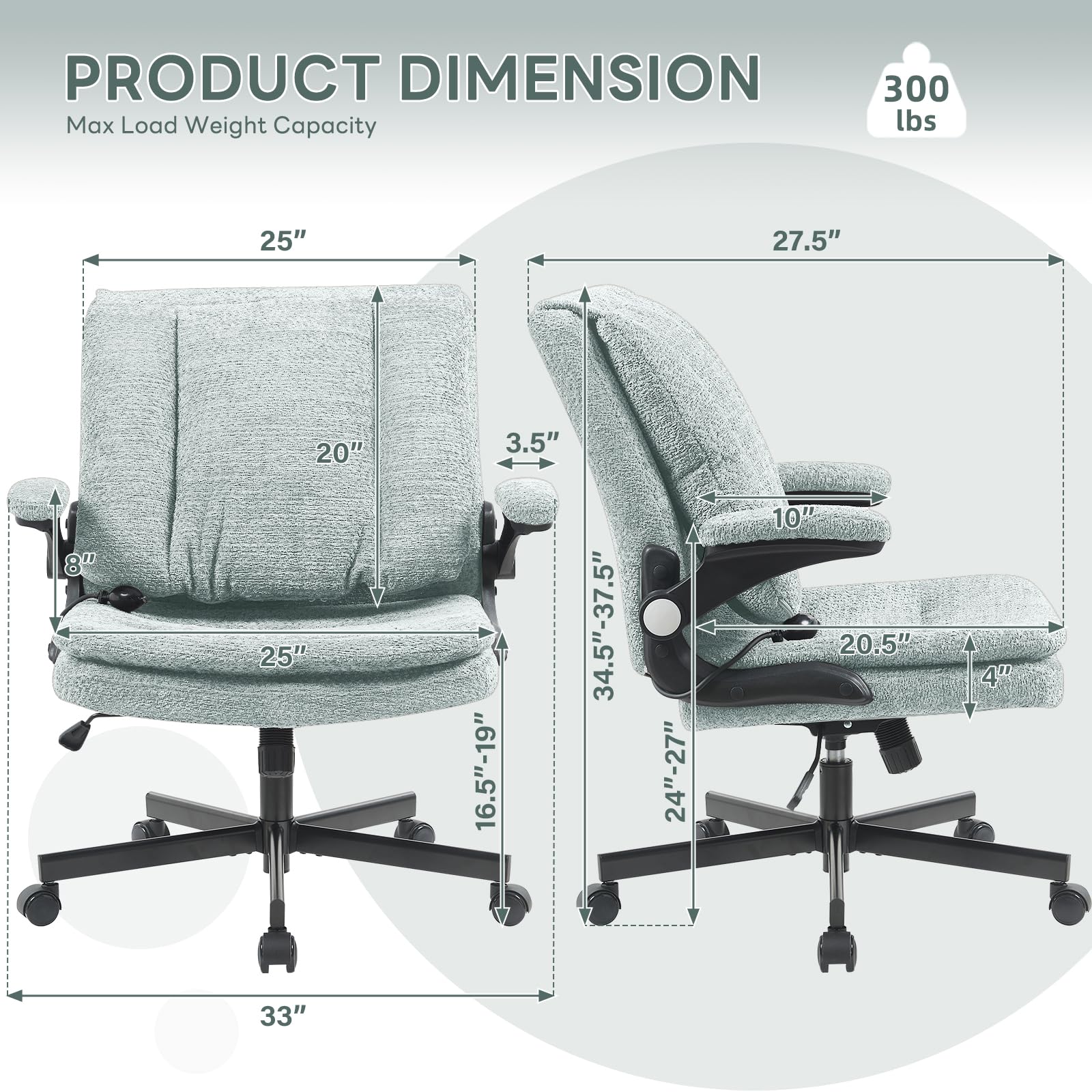 Criss Cross Office Chair with 2 in 1 Inflatable Flip-up Back, Ergonomic Wide Seat Desk Chair with Adjustable Arms and Wheels, Cross Legged Office Chair for Home & Office, Light Green