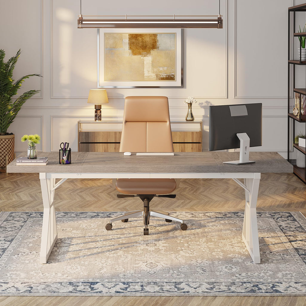 70.8-Inch Executive Desk, Large Computer Office Desk Workstation, Modern Simple Style Laptop Desk Study Writing Table Business Furniture for Home Office (Grey/White, 70.8 Inch)