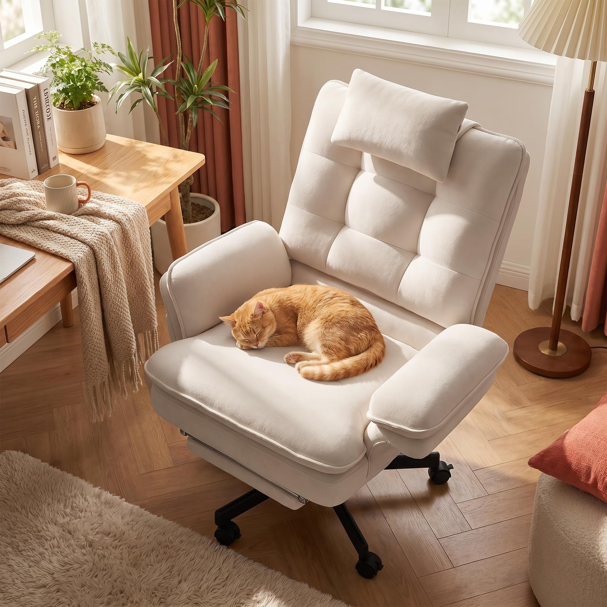 Criss Cross Office Chair with Foot Rest, Big and Tall Criss Cross Chair with Flip-Up Arms and Headrest, 135° Reclining Swivel Velvet Cross Legged Office Chair with Wheels, Cloud Chair for Home (Beige)