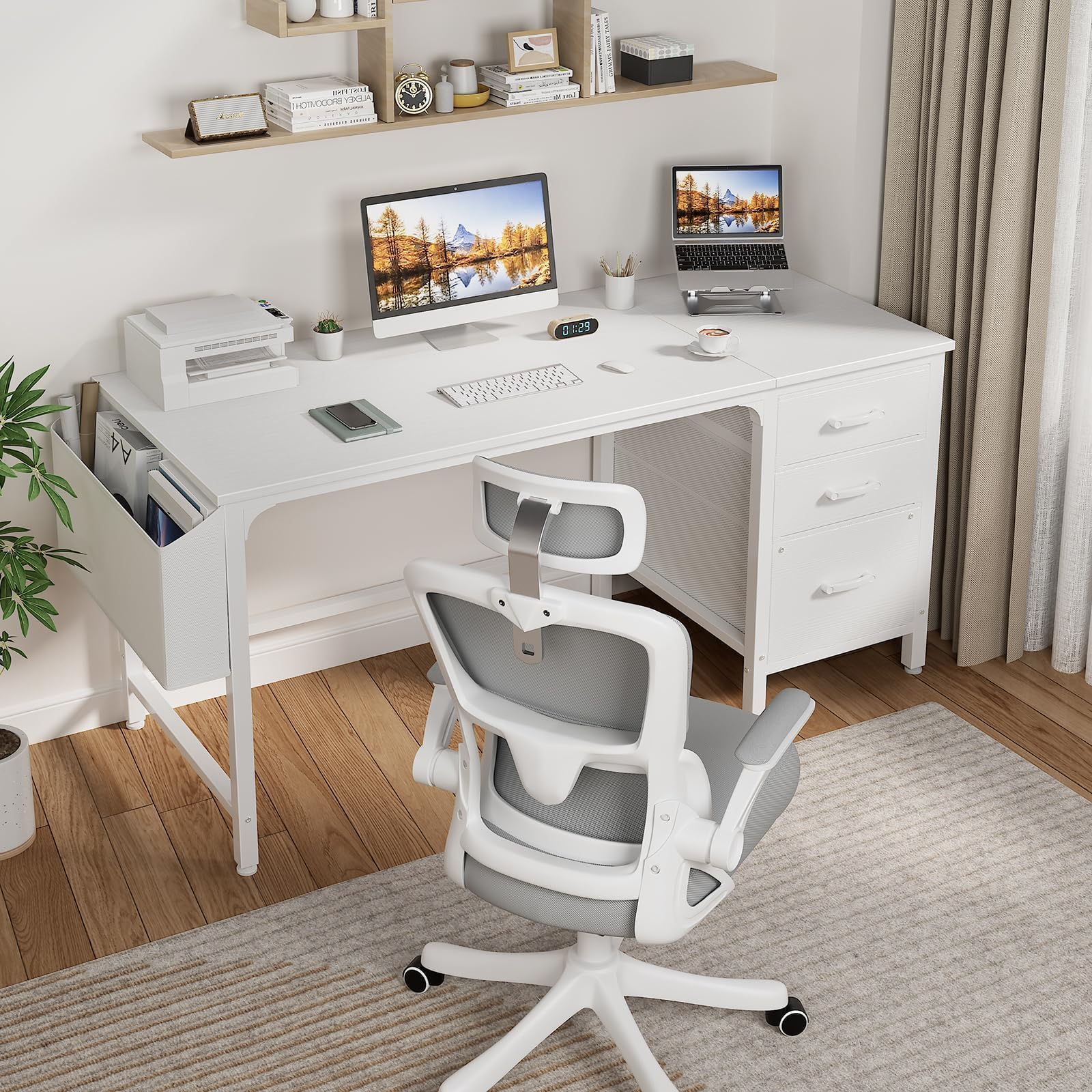 White Computer Desk with Fabric File Drawers Cabinet, 55 Inch Reversible Desks with Storage Filing Cabinet for Home Office, Modern Writing Table PC Desks for Bedroom, White