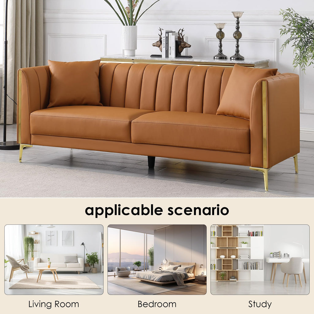 Leather Couch Sofa, Office Couches 78'' Apartment Faux Leather Sofa with 2 Throw Pillows & Gold Metal Legs, Waterproof 3 Seater Couches for Small Living Room, Affordable Luxury Design