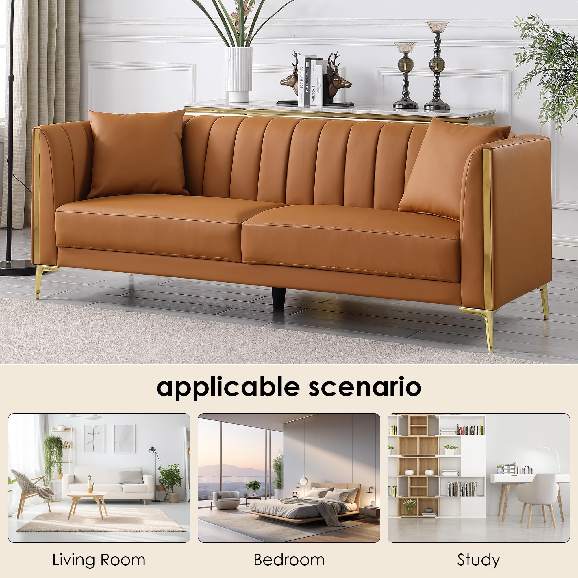 Leather Couch Sofa, Office Couches 78'' Apartment Faux Leather Sofa with 2 Throw Pillows & Gold Metal Legs, Waterproof 3 Seater Couches for Small Living Room, Affordable Luxury Design
