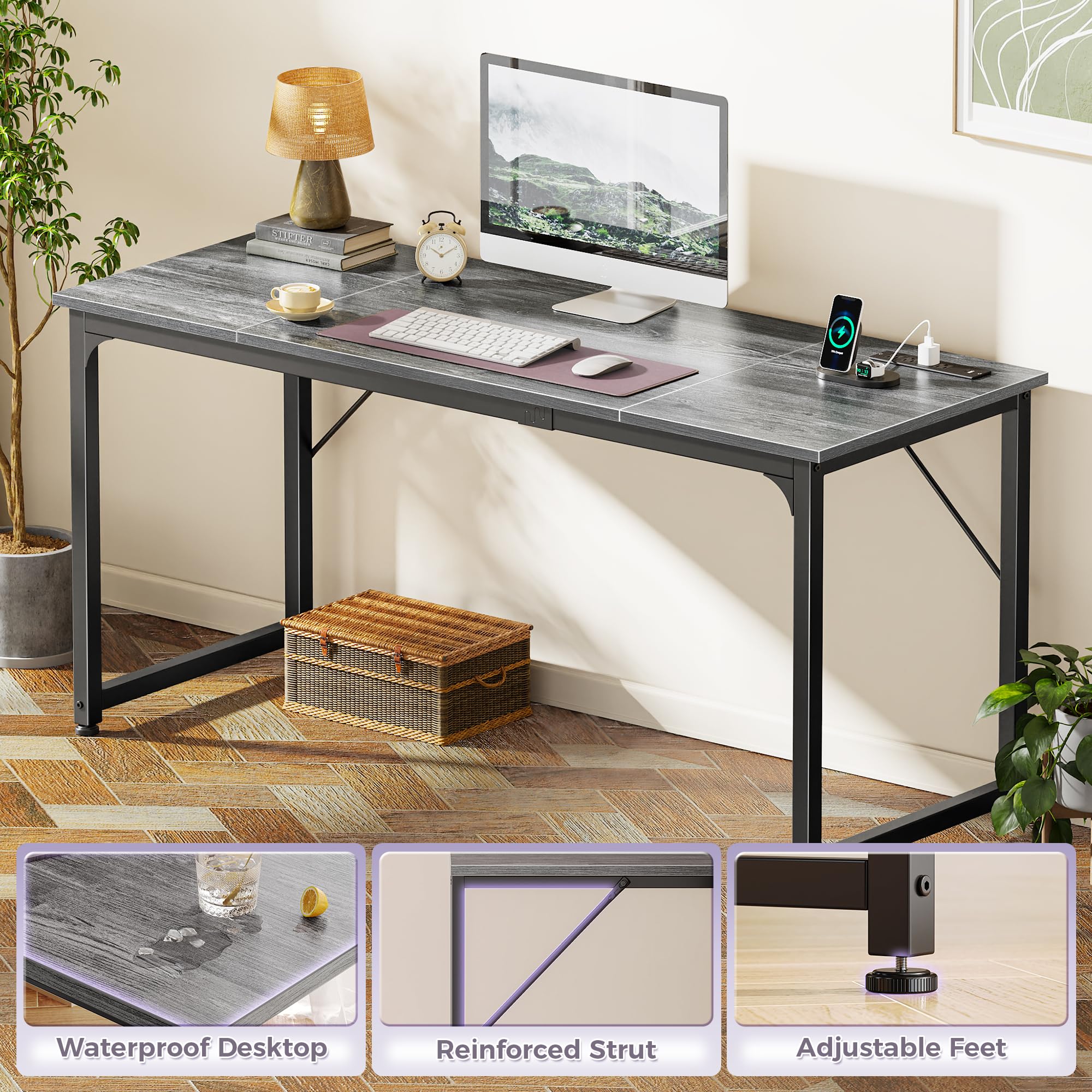 63 X 24 Inch Office Computer Desk with Power Outlets and USB-C Port, Larger and Longer Gaming Desk, for Home Office, Study, Writing Work from Home Table, Metal Frame, Grey