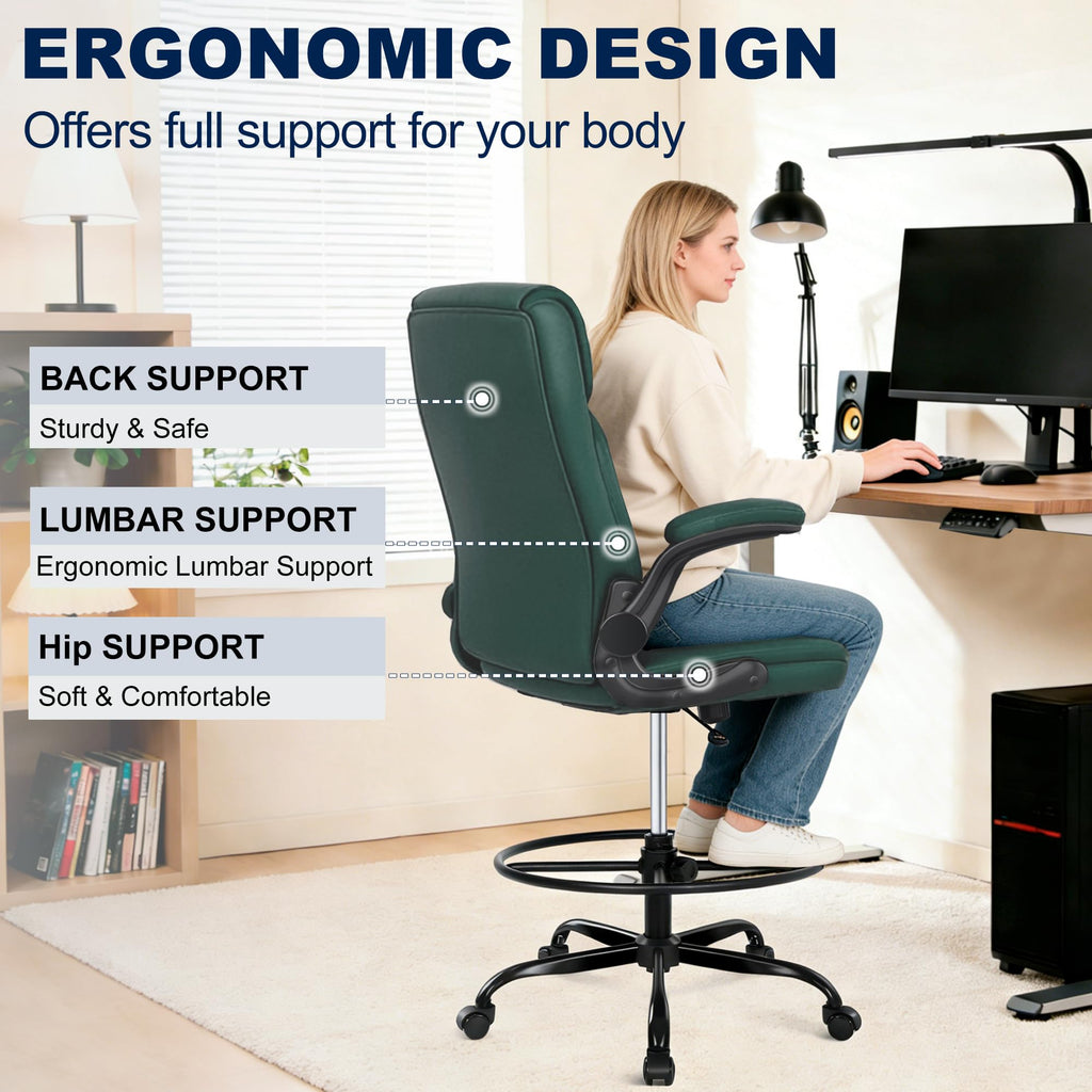 Drafting Chair, Tall Office Chair for Standing Desk, PU Leather Counter Computer Chairs with Adjustable Height, Rocking Function, 360° Swivel Wheels for Bar Office