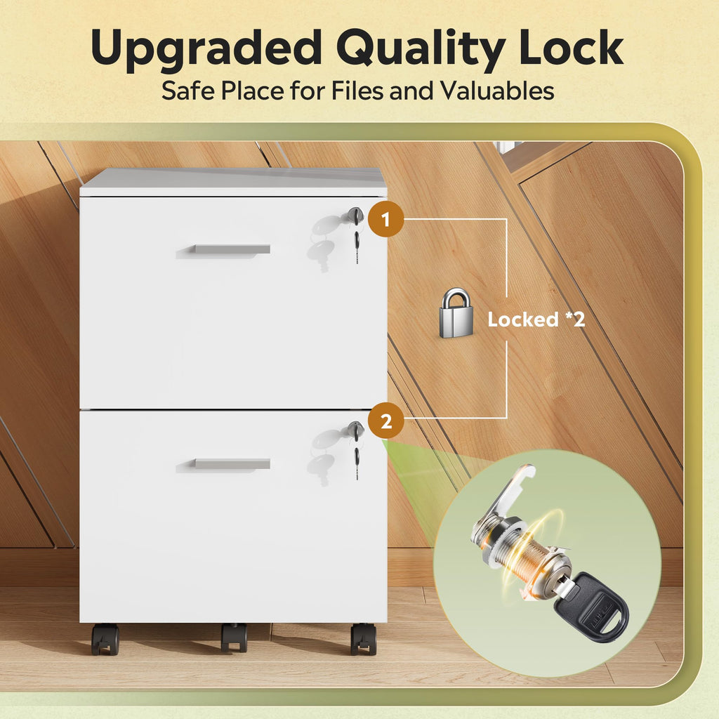 2 Drawer File Cabinet with Lock, Mobile Printer Stand, White