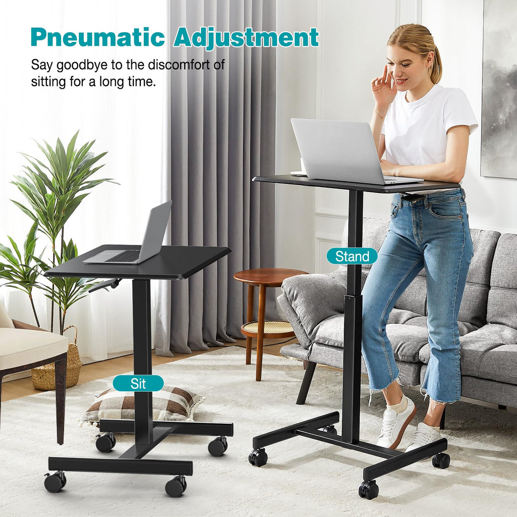 Small Standing Desk Mobile Portable Rolling Laptop PC Table on Wheels Adjustable Height Computer Workstation for Home Office, Space Saving Desk for Bedroom Study Use, 19 Inch, Black