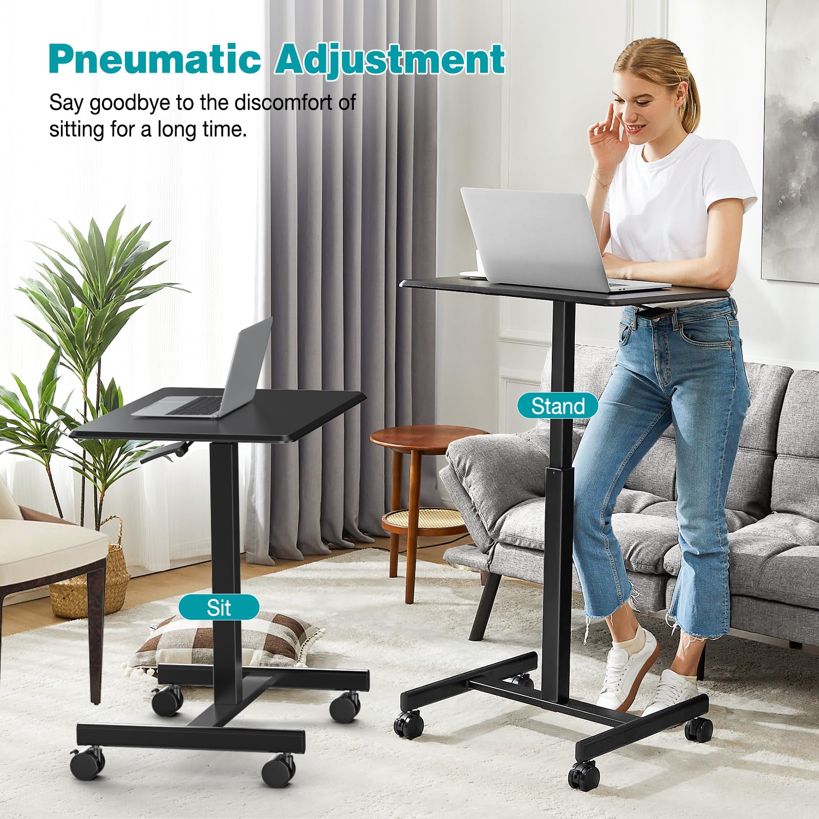 Small Rolling Desk Mobile Standing Portable Laptop PC Table with Wheels, Adjustable Height Computer Workstation for Bedroom Study Use, Space Saving Home Office Desk, Modern Black