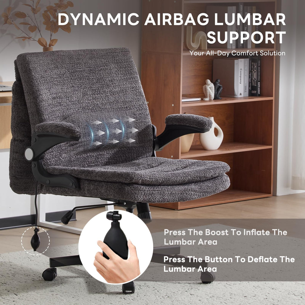 Criss Cross Office Chair with 2 in 1 Inflatable Flip-up Back, Ergonomic Wide Seat Desk Chair with Adjustable Arms and Wheels, Cross Legged Office Chair for Home & Office, Gray