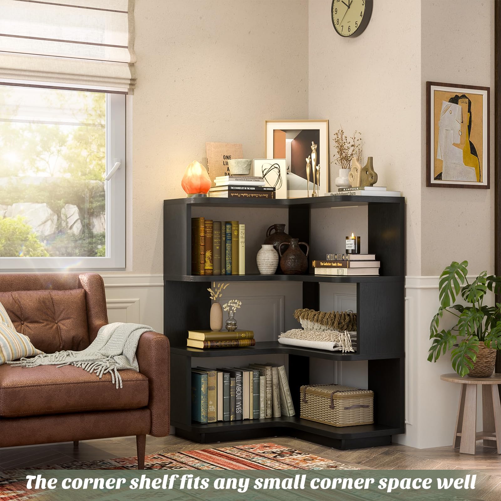 Corner Book Shelf, 4-Shelf L Shaped Corner Bookshelf with Baffle
