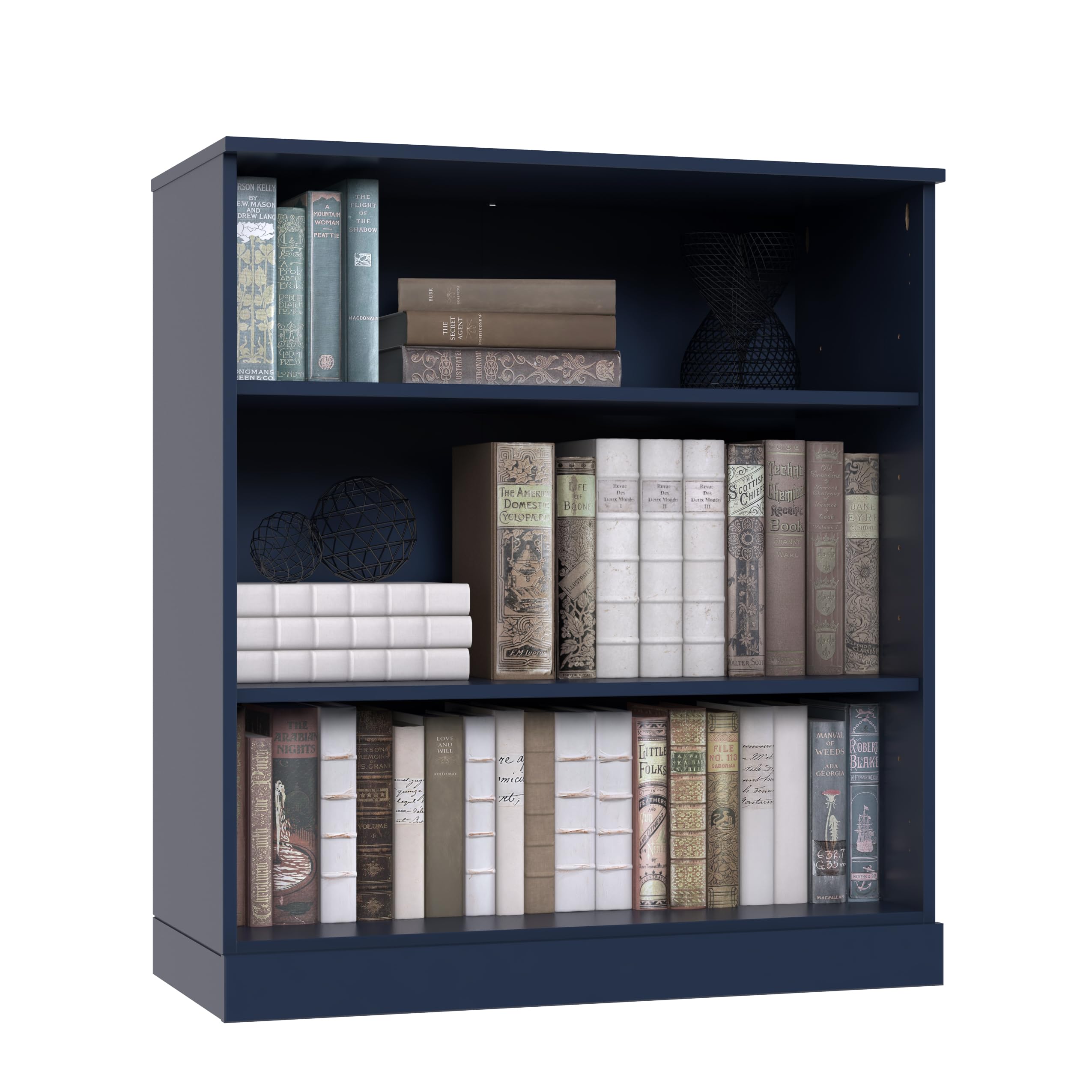 Solid Wood Bookcase - 3-Tier Floor Standing Bookshelf - 36" Short Storage Shelf, 32” W - Navy Blue, Display Furniture for Room, Renewable 100% Eco-Friendly Wood, Made in Brazil