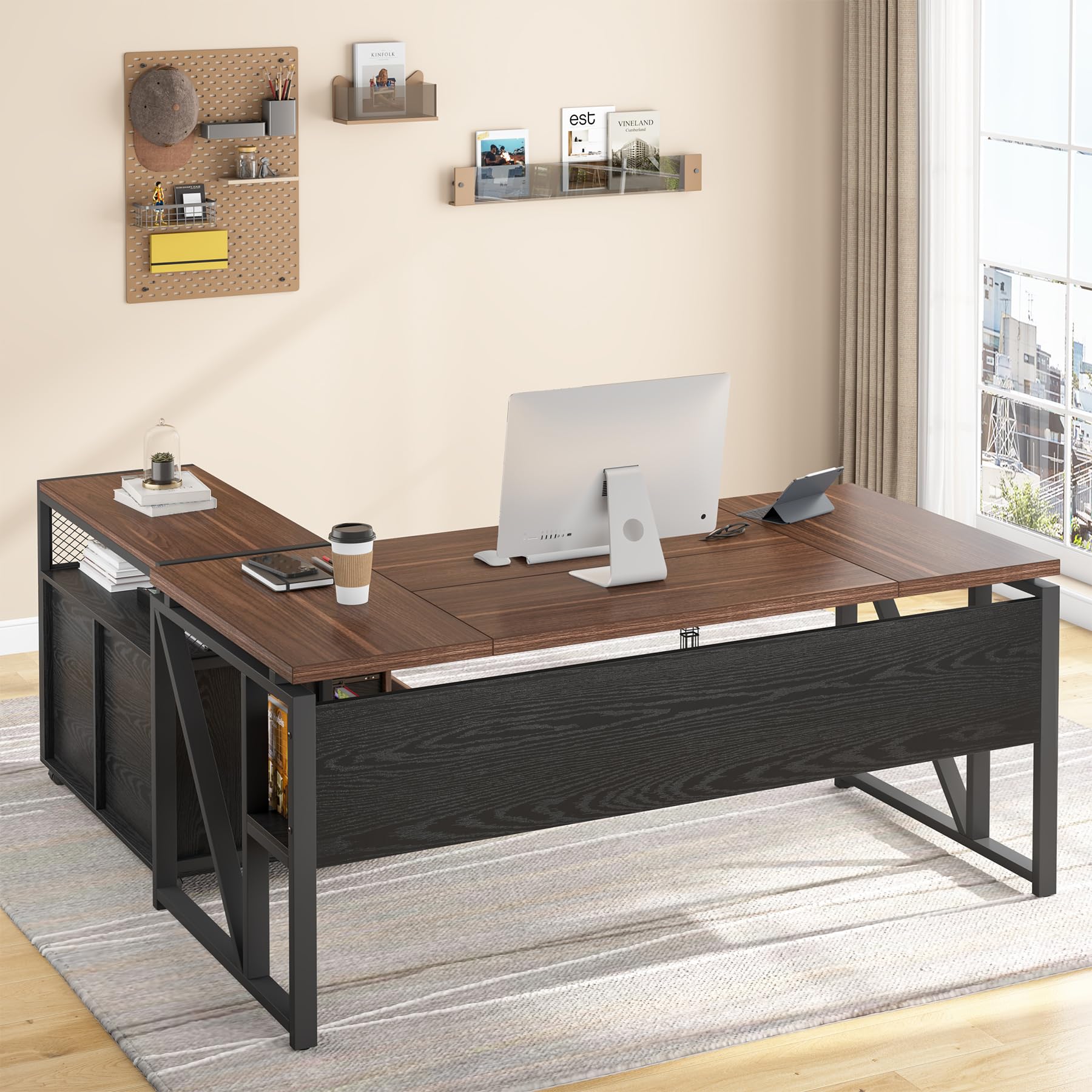 Office Desk with Drawers Sets, 63 inches L Shaped Computer Desk with Mobile File Cabinet,Big Executive Desk for Home Office Furniture Sets (Dark Brown, 63-inch)