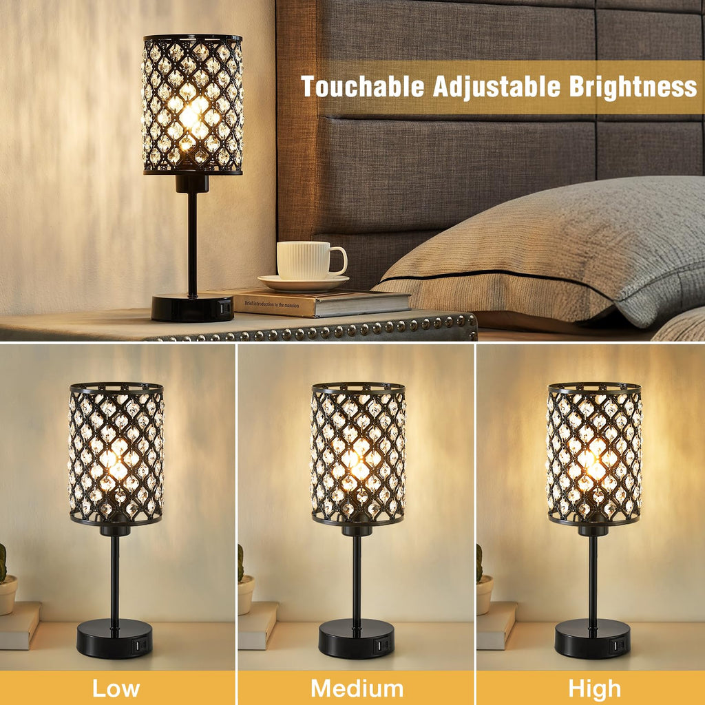 Crystal Table Lamp, Black Touch Lamp with USB C+A Port, 3-Way Dimmable