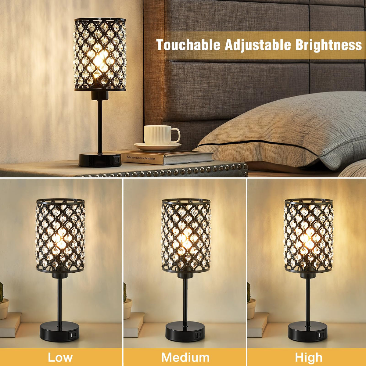 Crystal Table Lamp, Black Touch Lamp with USB C+A Port, 3-Way Dimmable