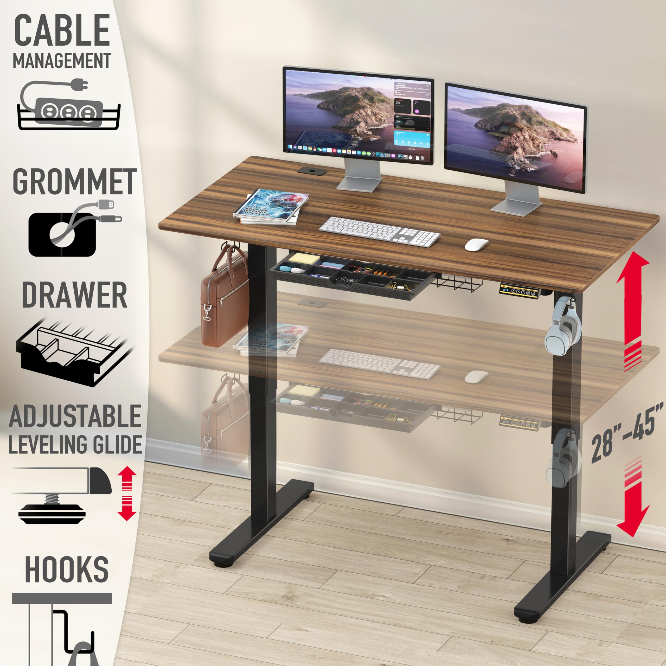 55 x 28 Inches Electric Height Adjustable Standing Desk with Drawer and Memory Preset, Walnut