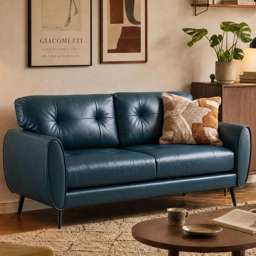Sofa Couch 61" Small Loveseat Couches for Living Room Blue Leather Couch Mid Century Modern Tufted Mini Sofa Comfy Office 2 Seat Settee Love Seat for Small Spaces Bedroom