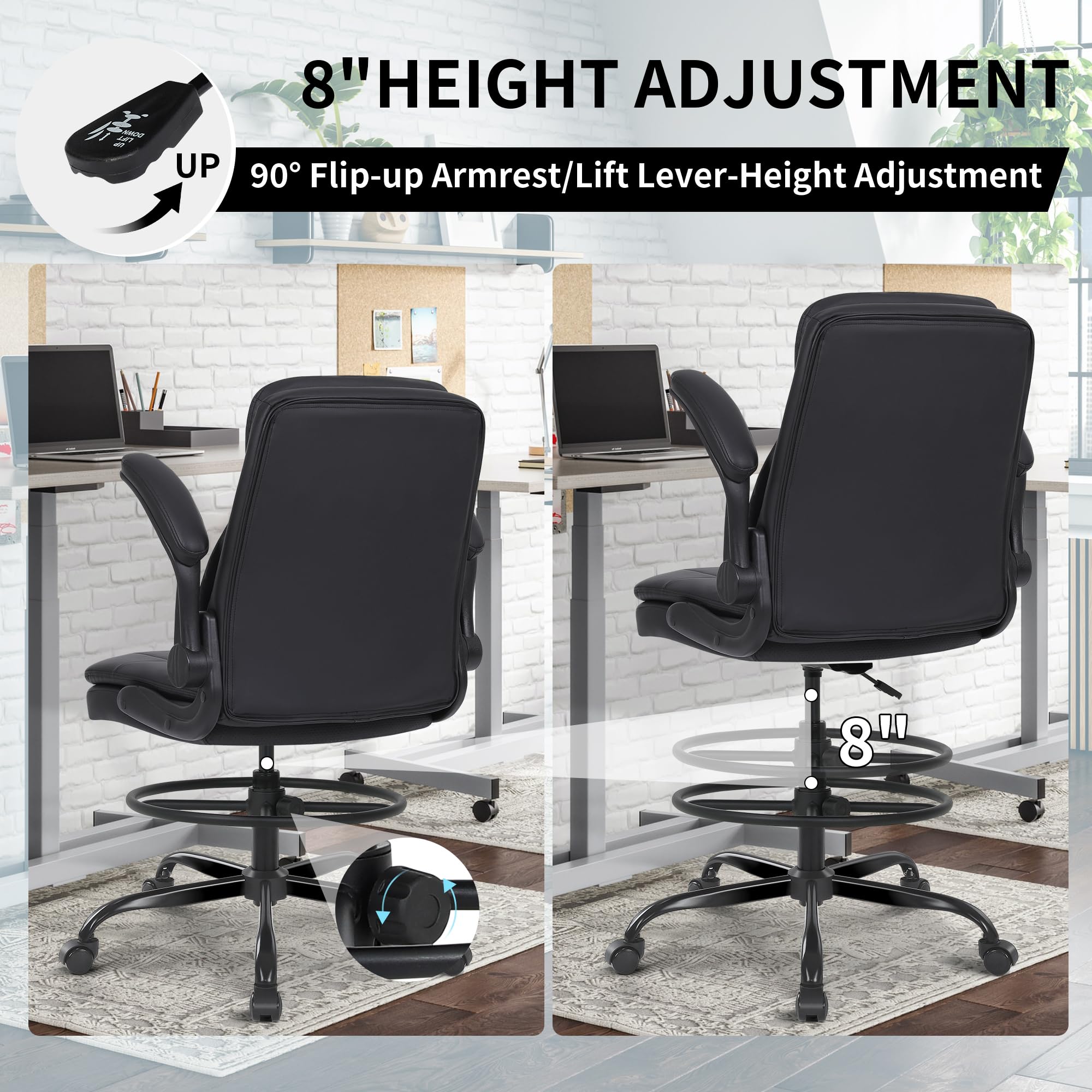 Drafting Chair, Tall Office Chair for Standing Desk, High Leather Executive Office Chair with Adjustable Height and Flip-up Armrest for Counter Height Desk