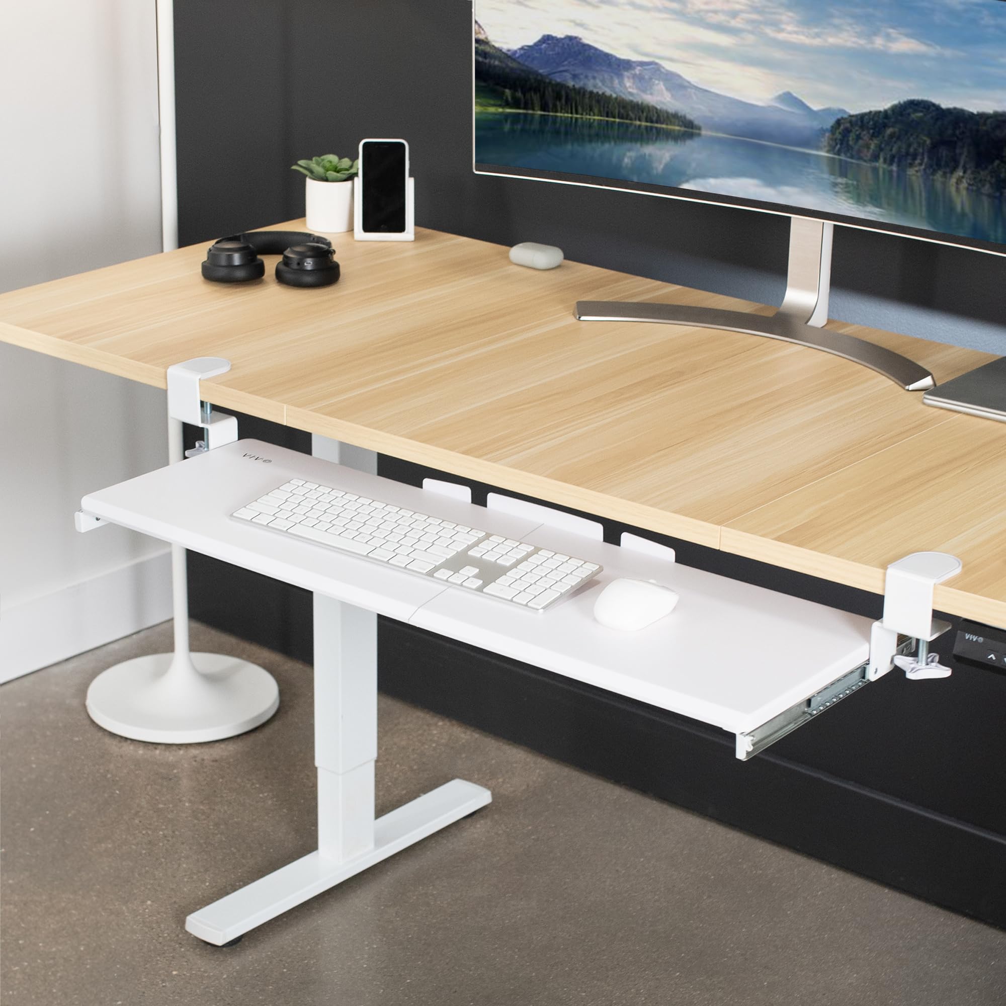 Extra Long Clamp-on Computer Keyboard and Mouse Under Desk Slider Tray, 34 x 11 inch Pull Out Platform Drawer, White