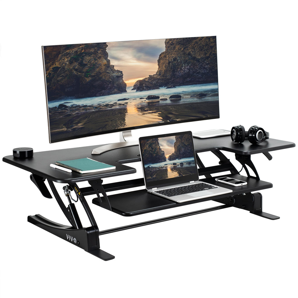 48 inch Height Adjustable Large Stand Up Desk Converter, V Series, Quick Sit to Stand Tabletop Dual Monitor Riser Workstation, Black