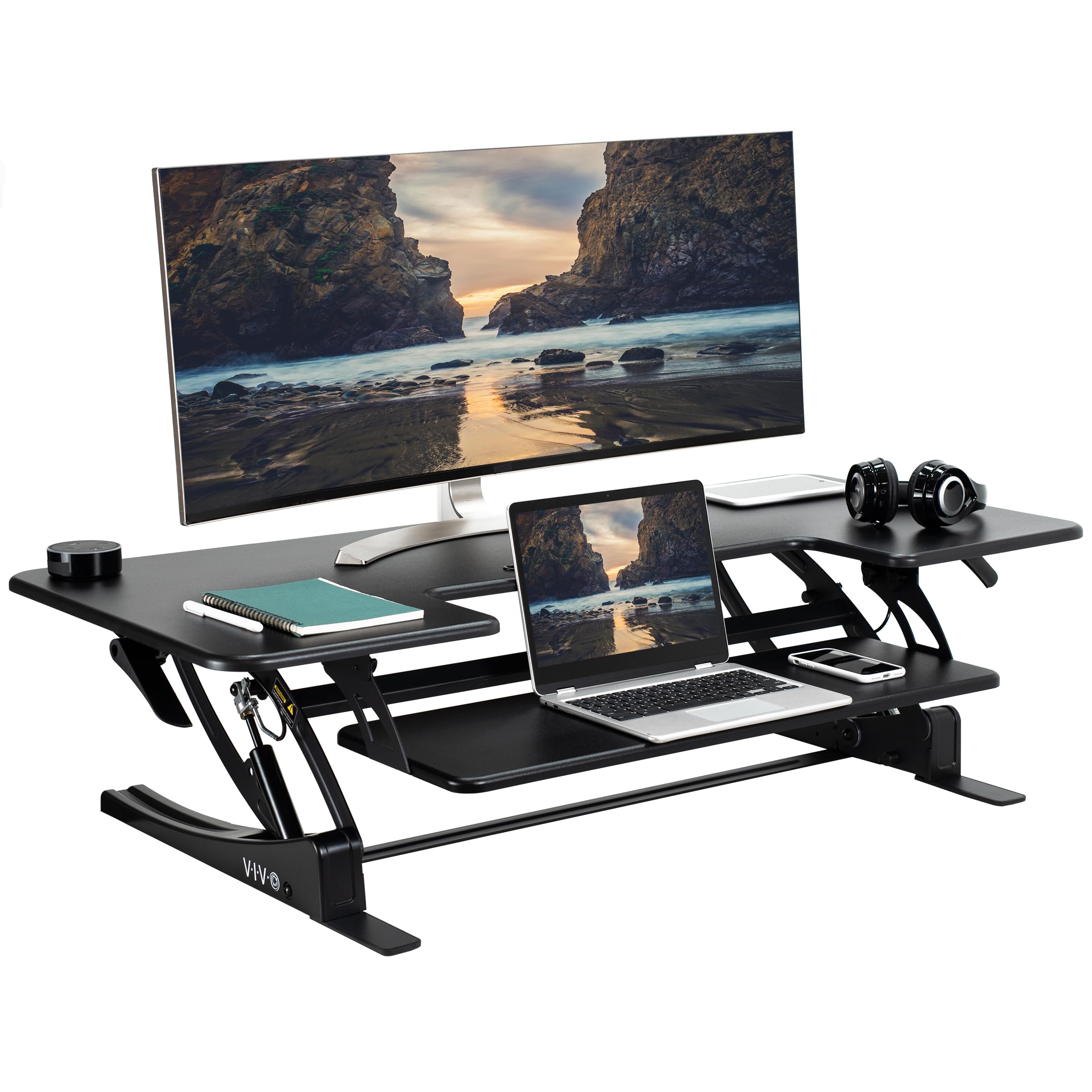 48 inch Height Adjustable Large Stand Up Desk Converter, V Series, Quick Sit to Stand Tabletop Dual Monitor Riser Workstation, Black