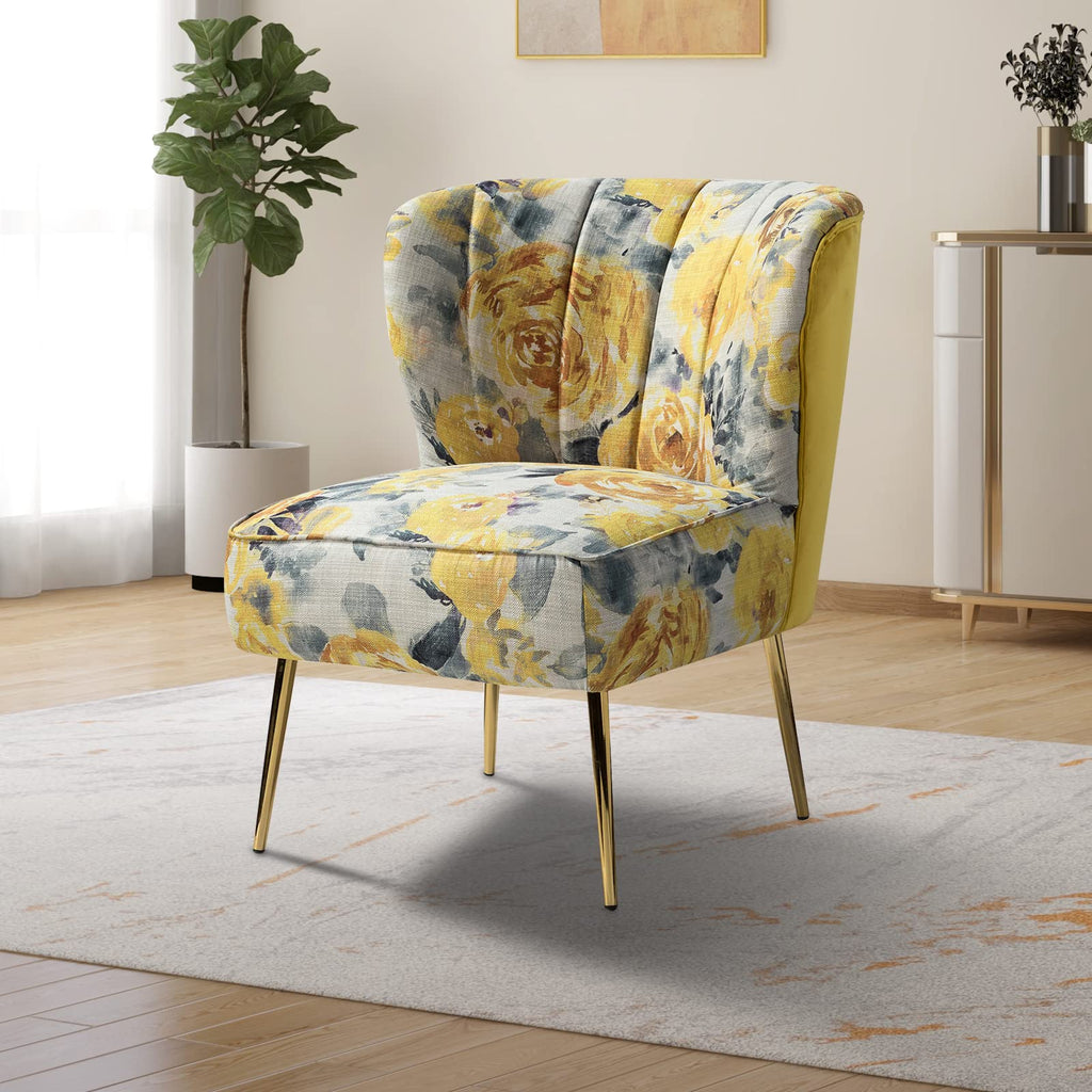 Accent Chair with Golden Legs, Comfy Tufted Wingback Living Room Chair Floral Fabric Small Armless Side Chair, Upholstered Slipper Chair for Bedroom, Reading Room (Flower Print, Yellow)