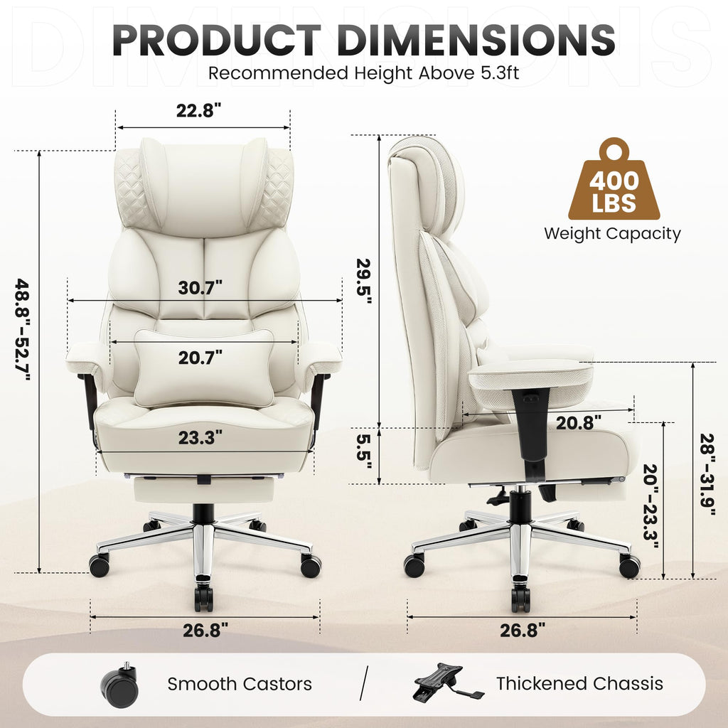 Office Desk Chair, Big and Tall Leather Gaming Chair with Footrest, Ergonomic Comfy Executive High-Back Reclining Computer Chairs, Wide Swivel Rolling Wheels and Padded Lumbar Support, White