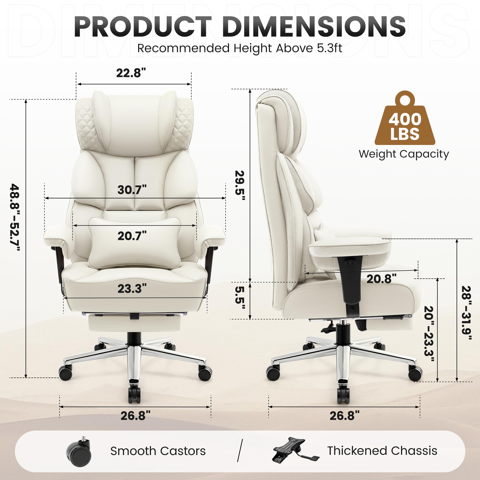 Office Desk Chair, Big and Tall Leather Gaming Chair with Footrest, Ergonomic Comfy Executive High-Back Reclining Computer Chairs, Wide Swivel Rolling Wheels and Padded Lumbar Support, White
